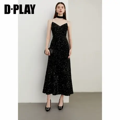 DPLAY【黑标】冬季法式黑色吊带玫瑰花亮片礼服长款连衣裙女图片