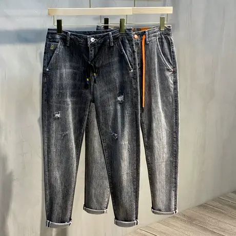 牛仔裤男潮牌2023春秋新款韩版潮流男士休闲破洞修身小脚九分裤男图片