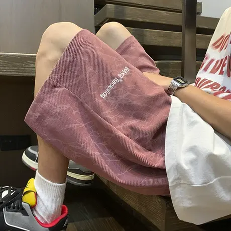 粉色薄款短裤男生夏季新款外穿美式潮牌宽松运动休闲五分裤子男士商品大图
