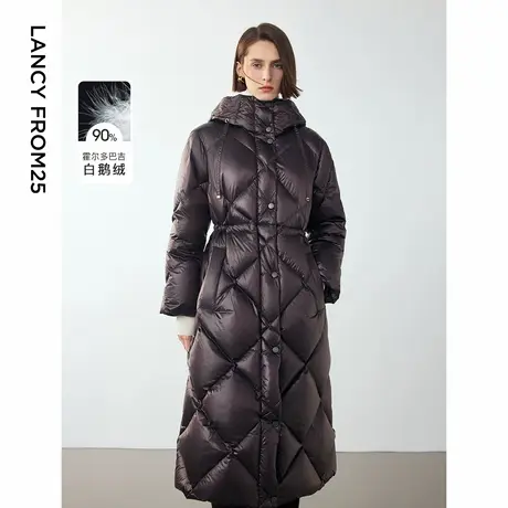 朗姿霍尔多巴吉白鹅绒长款连帽收腰保暖羽绒服大衣外套2024冬新款商品大图