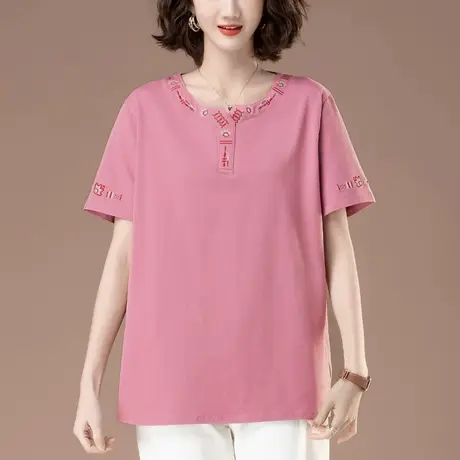 短袖t恤女夏季加肥加大码女装宽松中年妈妈刺绣洋气纯棉显瘦上衣商品大图