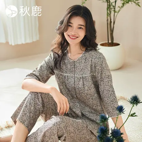 秋鹿妈妈睡衣【直播专享】女春夏款七分袖碎花薄款纯棉老年家居服商品大图