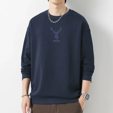 380g重磅纯棉卫衣男士春秋款宽松无帽上衣加绒摇粒绒圆领长袖t恤商品大图