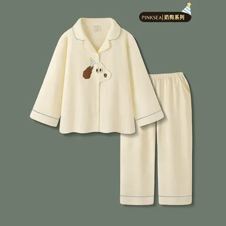 Pinksea睡衣女款2025新款纯棉长袖小狗情侣家居服春秋男士套装商品大图