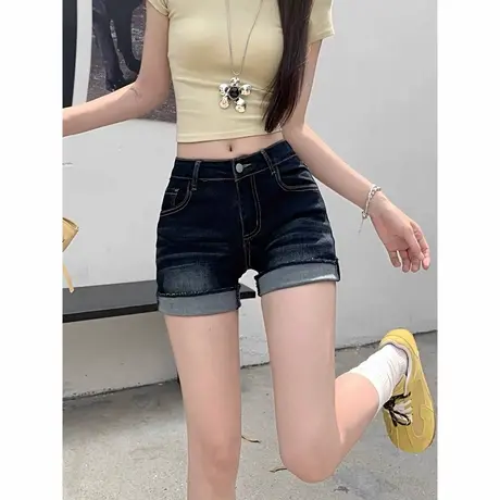 美式深蓝色牛仔短裤女2025夏季新款显瘦辣妹低腰包臀a字卷边热裤商品大图