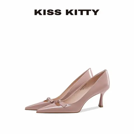 KISSKITTY牛皮高跟鞋女气质高级不累脚单鞋裸粉色蝴蝶结细跟女鞋图片