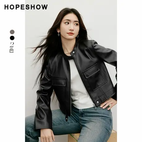 红袖2025秋季新款女装 解构金属拉链正肩立领短款皮外套商品大图