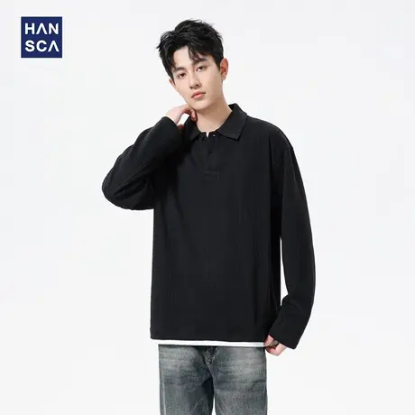 hansca提花条纹长袖POLO衫男士2025新款秋季宽松撞色拼接休闲上衣商品大图