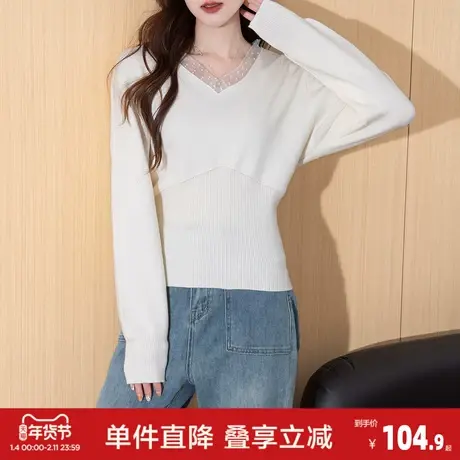 唐狮2026秋冬季毛衣女名媛风领口网纱设计V领套头收腰气质高级感图片