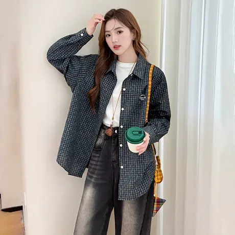 唐狮新款格子衬衫女长袖衬衣外套翻领复古超好看时尚潮流夹克TM商品大图