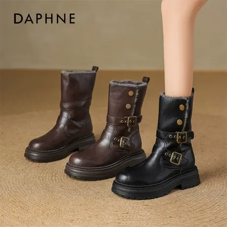 达芙妮棕色加绒短靴女款2025新款冬季厚底美拉德骑士中筒靴马丁靴商品大图