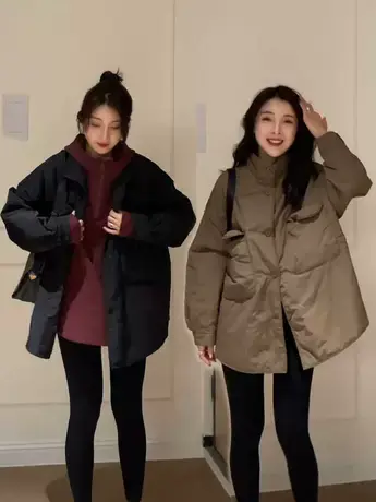 欧货时尚大口袋立领工装棉衣外套女秋冬宽松休闲简约中长款风衣潮商品大图