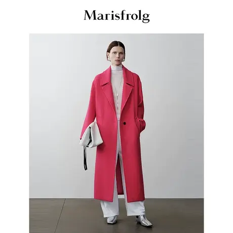 【商场同款】玛丝菲尔2023年冬季新款玫红色后开叉式羊毛呢子大衣图片