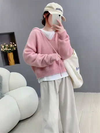 多巴胺穿搭日系复古连帽毛衣女秋冬新款女装百搭软糯套头针织上衣图片