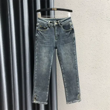 欧货加厚直筒裤女秋冬新款蓝色裤脚金属装饰休闲百搭牛仔九分裤潮图片