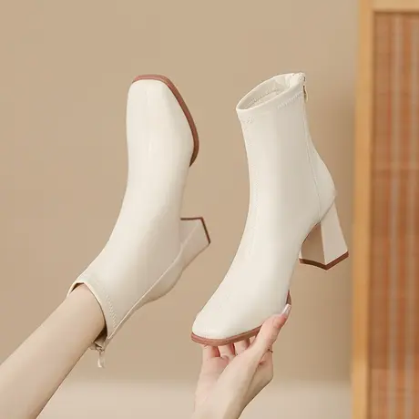 高跟短靴女2023新款秋冬季加绒方头显瘦粗跟弹力瘦瘦靴后拉链裸靴图片