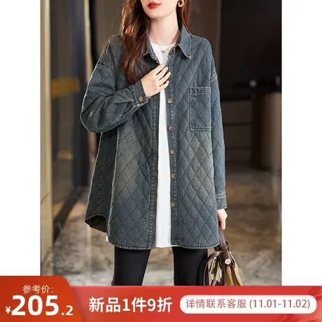 宝诗黎翻领宽松中长牛仔外套女长袖复古夹克上衣2023年秋冬季新款图片