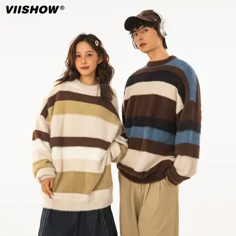 VIISHOW日系条纹毛衣男秋冬季拼接软糯圆领情衣慵懒保暖针织衫商品大图