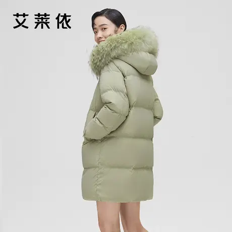 艾莱依新品绿色羽绒服女冬鸭绒中长款毛领时尚加厚保暖爆款外套图片