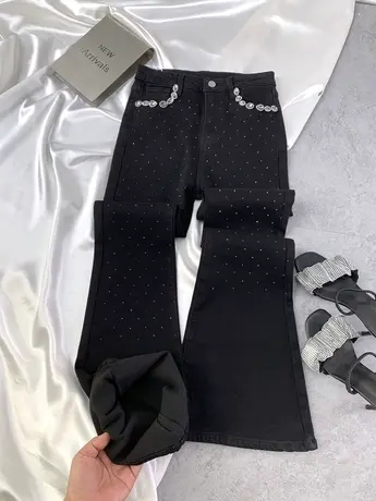 韩版烫钻满天星牛仔喇叭裤2023秋冬新款弹力显瘦百搭加绒马蹄长裤商品大图