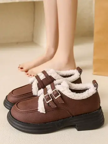 英伦风加绒小皮鞋女2023新款秋冬季羊羔毛毛女鞋一脚蹬乐福鞋棉鞋商品大图