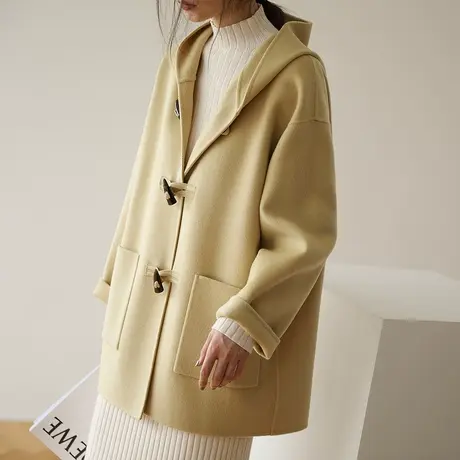 【反季清仓仅299】短款小个子中长款牛角扣毛呢外套女韩版双面绒图片