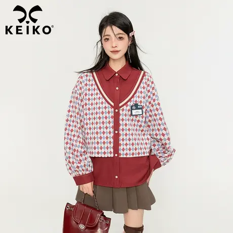 KEIKO 学院风格纹假两件衬衣女2024早春新款日系设计感减龄上衣图片