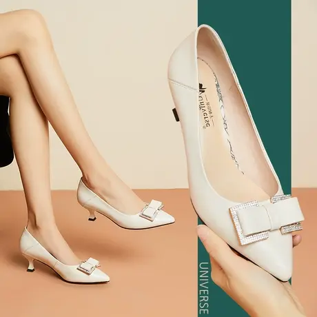 早春新款女鞋潮白色鞋子女 春秋单鞋高跟5.5厘米尖头浅口单鞋商品大图