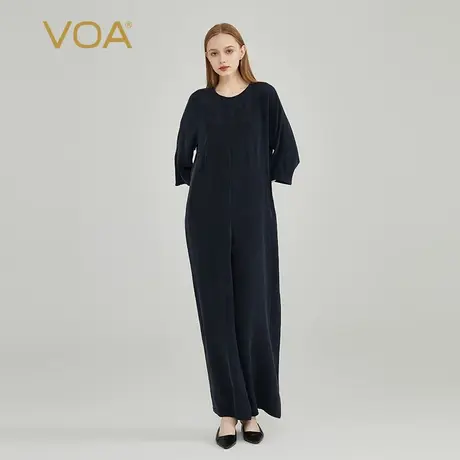 VOA真丝重磅30姆米藏青色圆领七分袖做旧砂洗工艺宽松休闲连体裤商品大图
