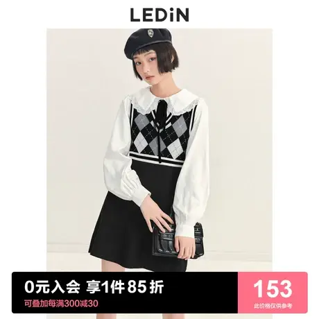 乐町格纹针织连衣裙2023春季新款女装收腰奶乖学院黑色格纹背心裙图片
