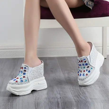 蕾丝包头半拖鞋女2023新款夏季外穿厚底老爹松糕鞋白色高跟凉拖鞋图片