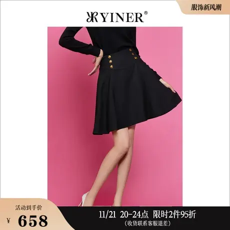 YINER音儿女装秋季高腰a字裙显瘦黑色含羊毛半身裙图片