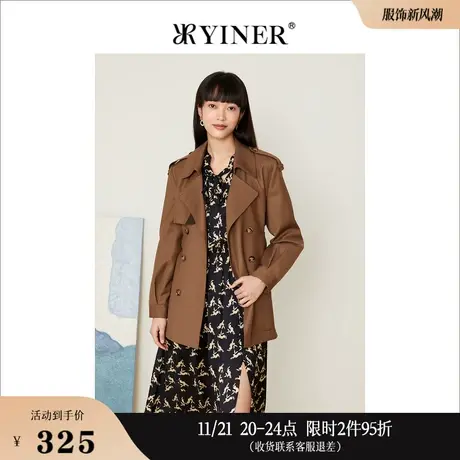 Goodland美地女装秋季可系腰带西装领双排扣中长款风衣商品大图