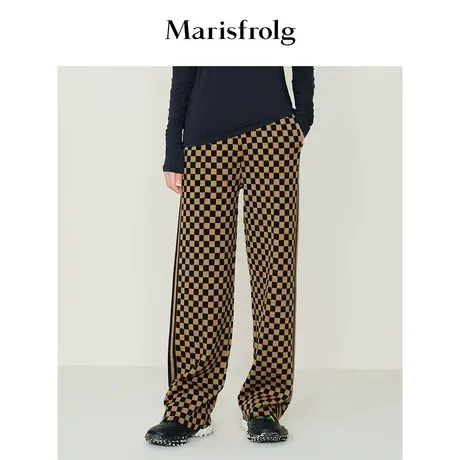 【商场同款】玛丝菲尔秋季新款咖色高腰棋盘格针织阔腿裤商品大图
