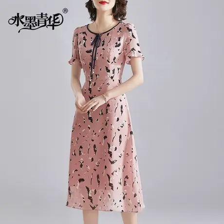 女装夏季新款时尚舒适花色裙子短袖中长雪纺连衣裙图片