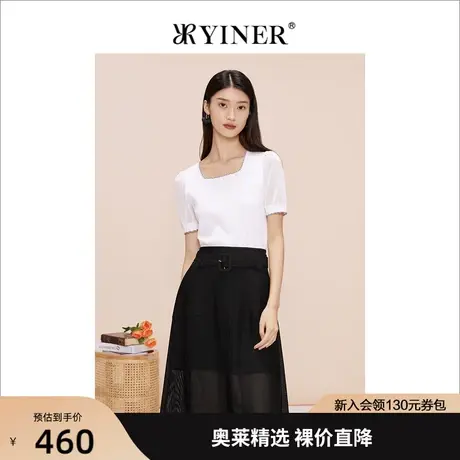 YINER音儿女装2023夏季新款方领泡泡袖短袖针织衫套头商品大图