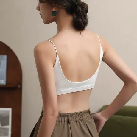美背内衣女夏薄款吊带文胸一体背心白色内搭防走光u型细肩带抹胸商品大图