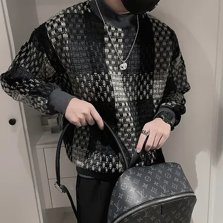 设计感卫衣春秋季痞帅长袖T恤2023新款小香风格子ins潮牌男装外套图片