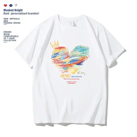 潮牌涂鸦爱心印花纯棉短袖t恤夏季男女ins潮牌情侣圆领休闲体恤衫图片