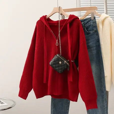 2023秋装新款韩版宽松女士针织衫毛衣外套连帽长袖学院风百搭纯色商品大图