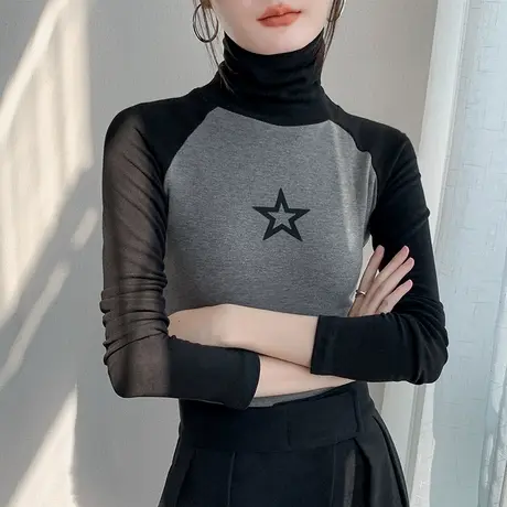 高领撞色磨毛长袖打底衫女2023秋冬新品修身加绒五角星上衣打底衫图片