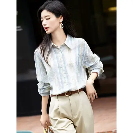 时尚气质长袖衬衫2023年早秋新款女士简约翻领显瘦通勤百搭上衣商品大图