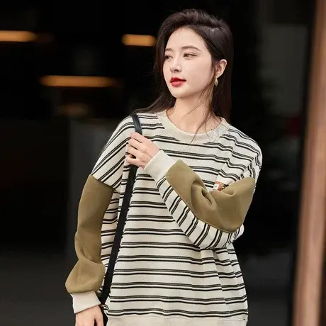 时尚休闲卫衣2023年秋冬新款女百搭宽松通勤拼接条纹加绒套头上衣图片