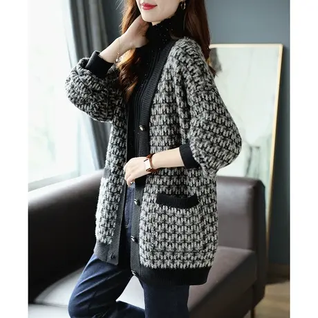 宝诗黎小香风亮丝针织外套女春季新款韩版宽松慵懒V领毛衣开衫厚商品大图