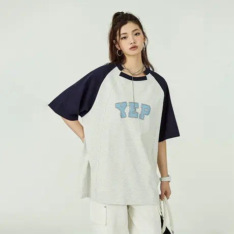 YEP设计感复古拼接t恤女短袖2023新款夏季宽松圆领打底衫上衣ins商品大图
