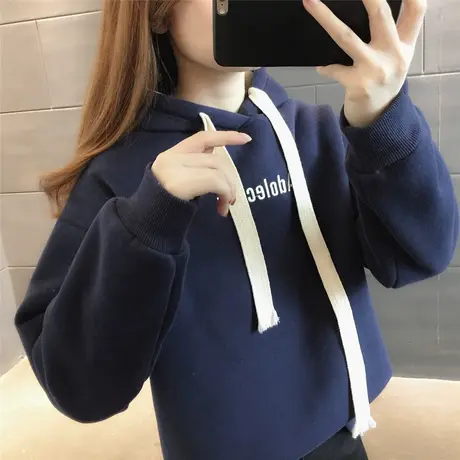 2023年冬季新款韩版女士卫衣加绒加厚学生减龄开叉套头长袖连帽衣图片