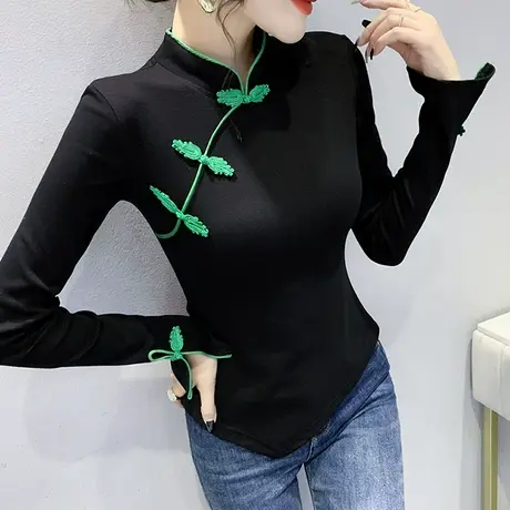 复古中国风打底衫女春秋改良盘扣唐装上衣设计感不规则T恤长袖潮商品大图