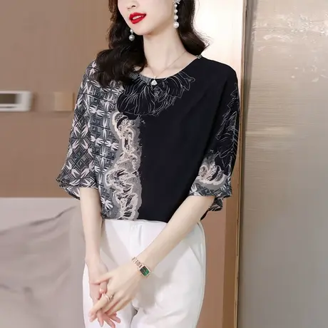 花色真丝衬衫T恤女2023年新款夏季时尚洋气设计感小众中袖女小衫商品大图
