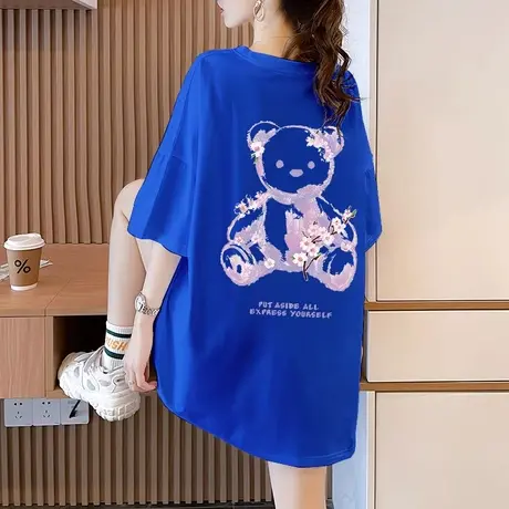 大码女装克莱因蓝短袖t恤女洋气小熊2023新款夏季宽松纯棉上衣服商品大图