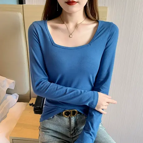 纯棉方领t恤女秋冬季圆领长袖黑色性感正肩体恤ins小众内搭打底衫商品大图